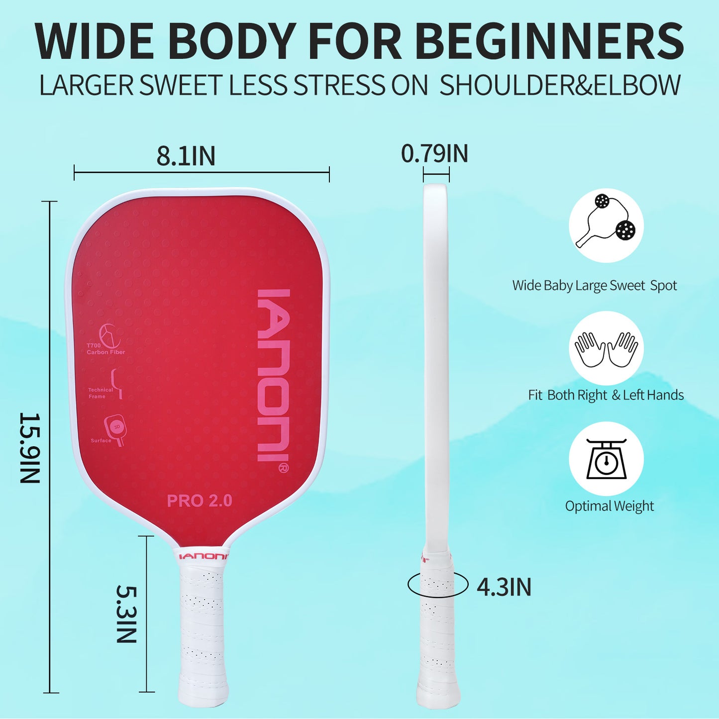 IANONI Optimum 3D Carbon Fiber Pickleball Paddles , Extreme Spin Technology for Increased Control,Graphite Pickleball Rackets with Large Sweet Spot or Head-Heavy Balance-PRO2.0