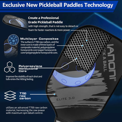 IANONI Pickleball Paddle - T700 Carbon Friction Textured Surface with High Grit&Spin and Agility, Pickleball Rackets with Highly Flexible and Fast Shot - ELITE 3.0