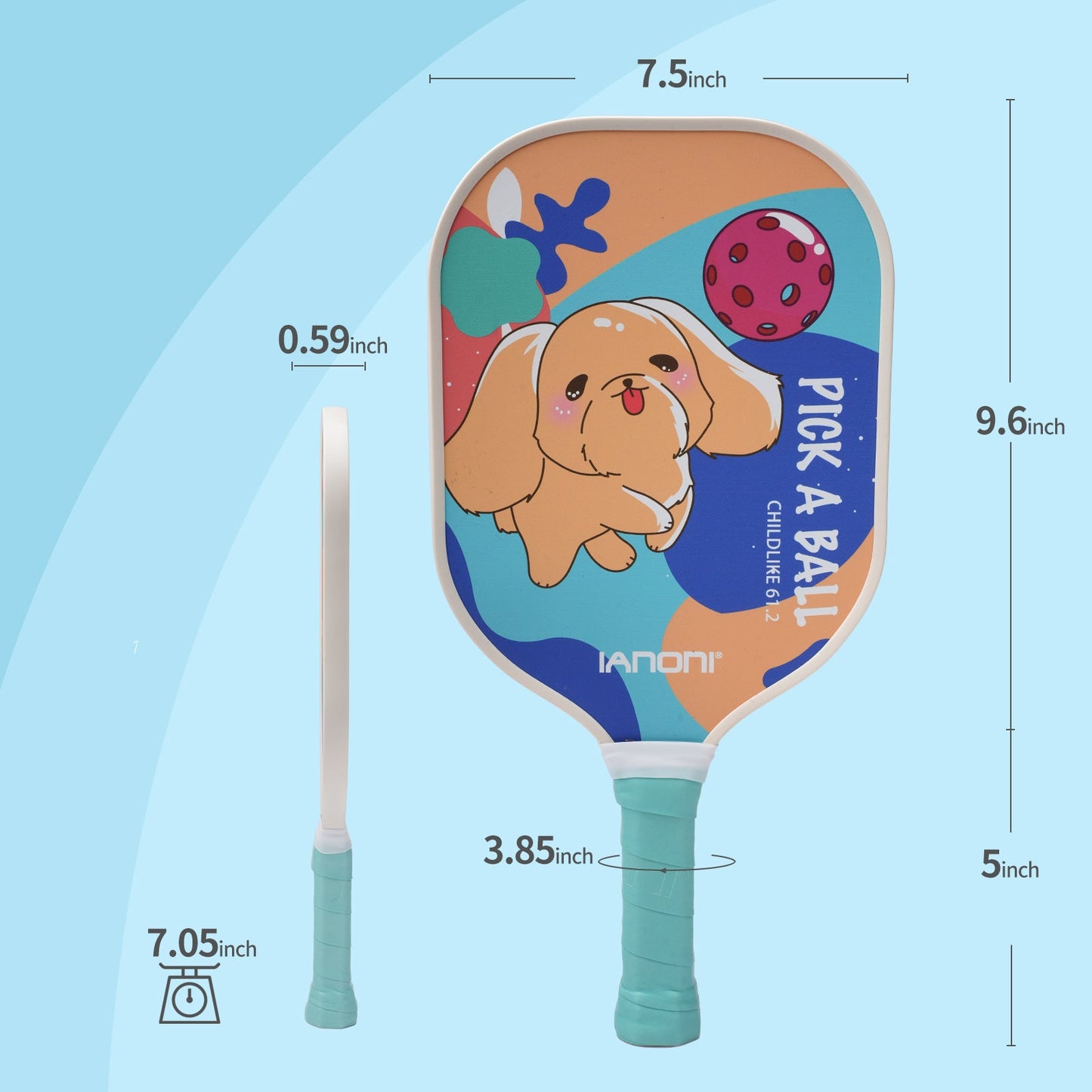 IANONI  Pickleball Paddle for Kids – Child Size Paddle for Children 12 and Under, Fiberglass Surface & Polypropylene Honeycomb Polymer Core | Premium Grip