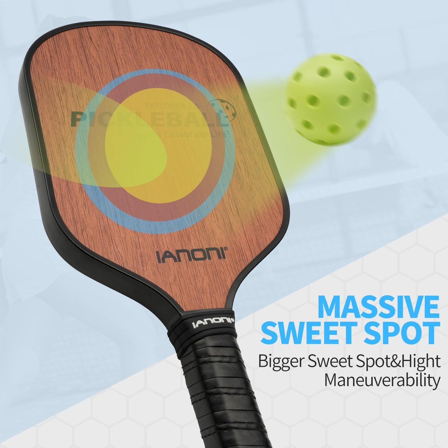 IANONI Pickleball Paddle - Carbon Abrasion Surface with High Grit & Spin, Sure-Grip Elongated Handle, Pickleball Paddle with Polypropylene Honeycomb Core-EXPLORER2.0